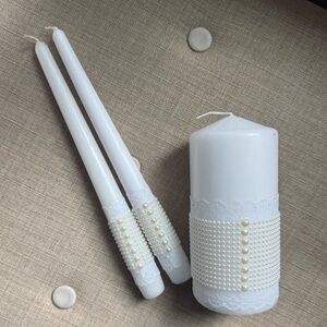 Elegant White Pearl-Embellished Candle Set for Wedding / Church